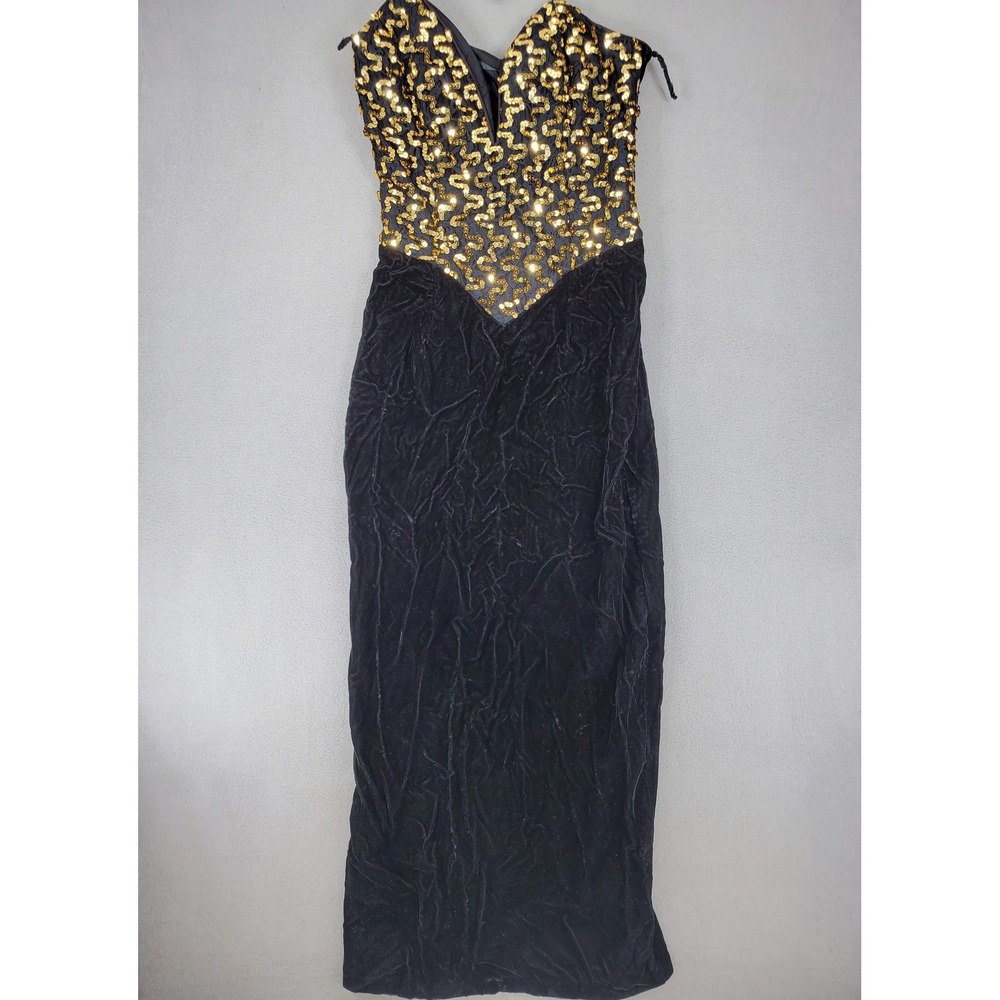 Gunne Sax‎ Dress Women 9 Black Gold Sequin Velvet Vintage 80s Prom Gown Formal